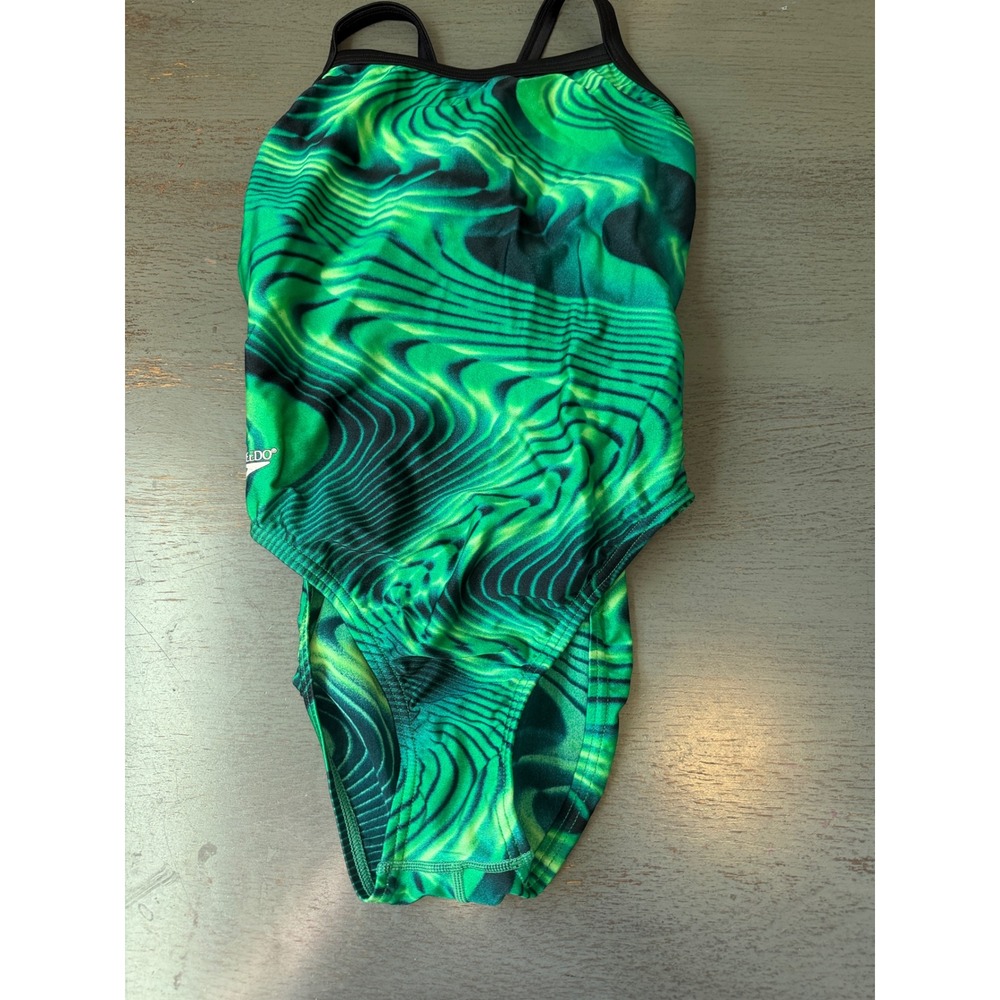Speedo Girls Green Wavy Psychedelic One Piece Swimsuit Racerback Cutout Size 26